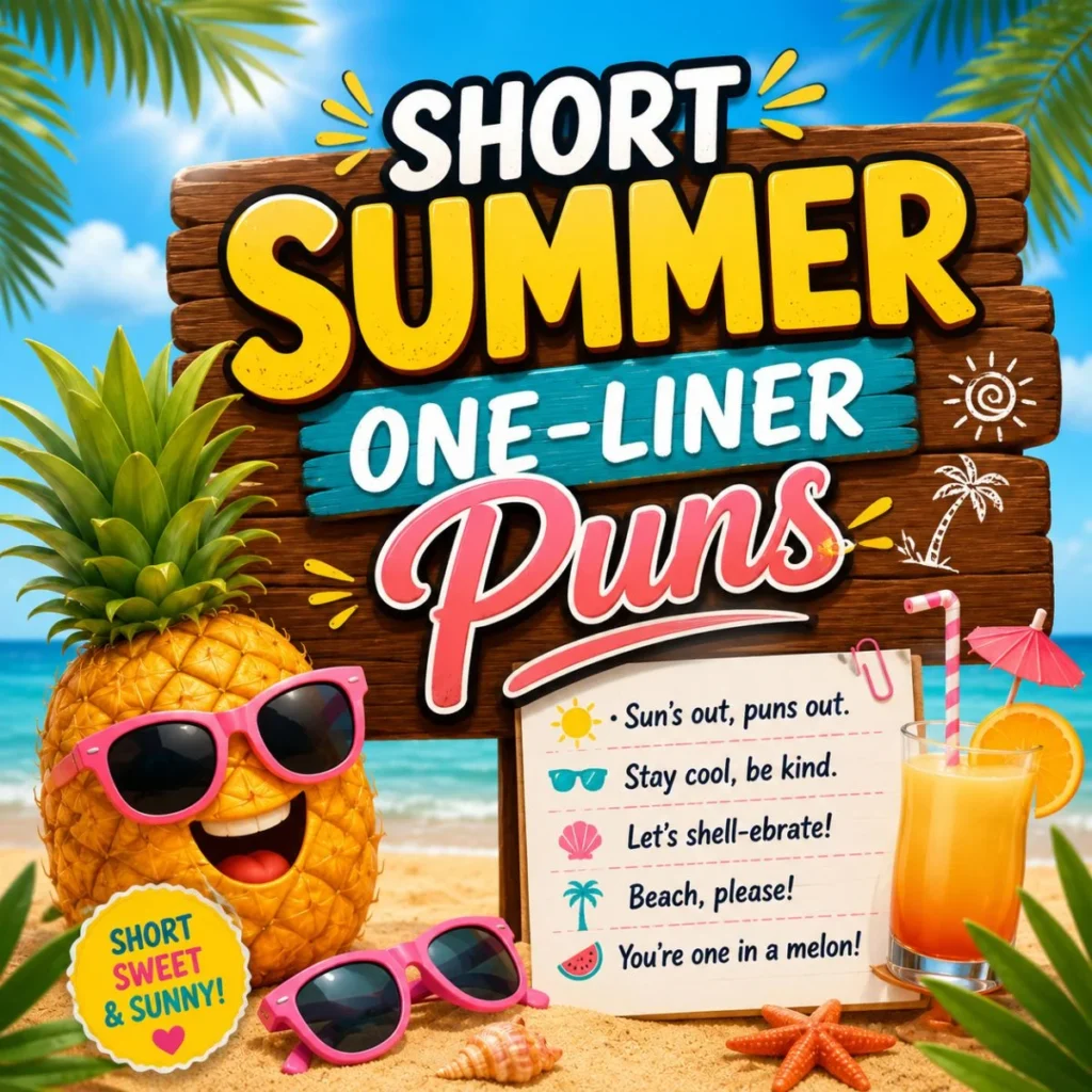 Short summer one-liner puns beach illustration with a smiling pineapple, tropical drink, palm trees, and sunny vibes