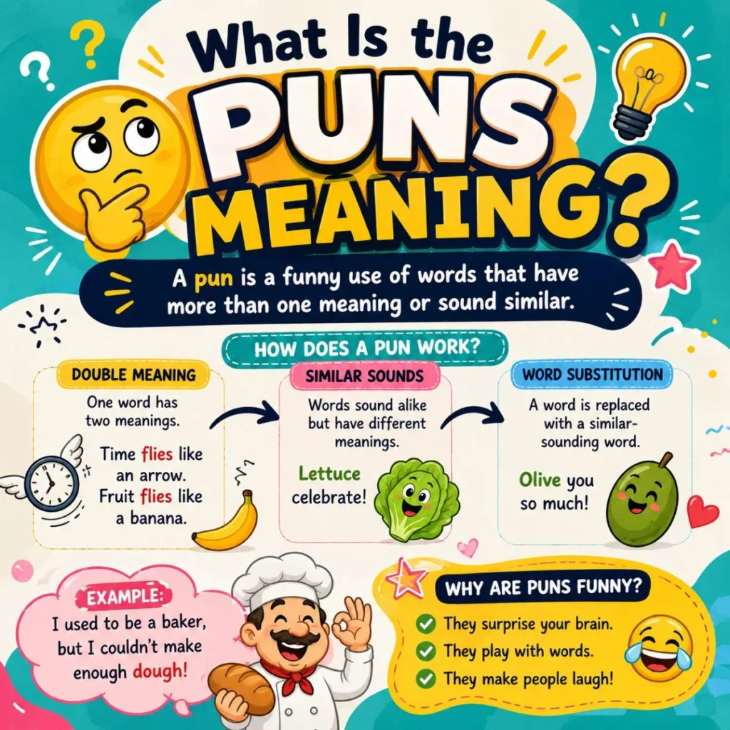Colorful infographic explaining puns meaning with wordplay examples, double meanings, and similar-sounding words.