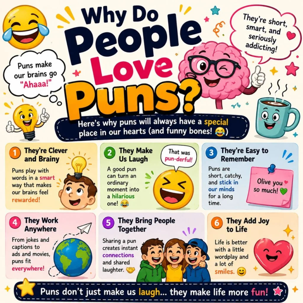 Colorful infographic showing why people love puns with funny illustrations, wordplay benefits, and cheerful cartoon characters.
