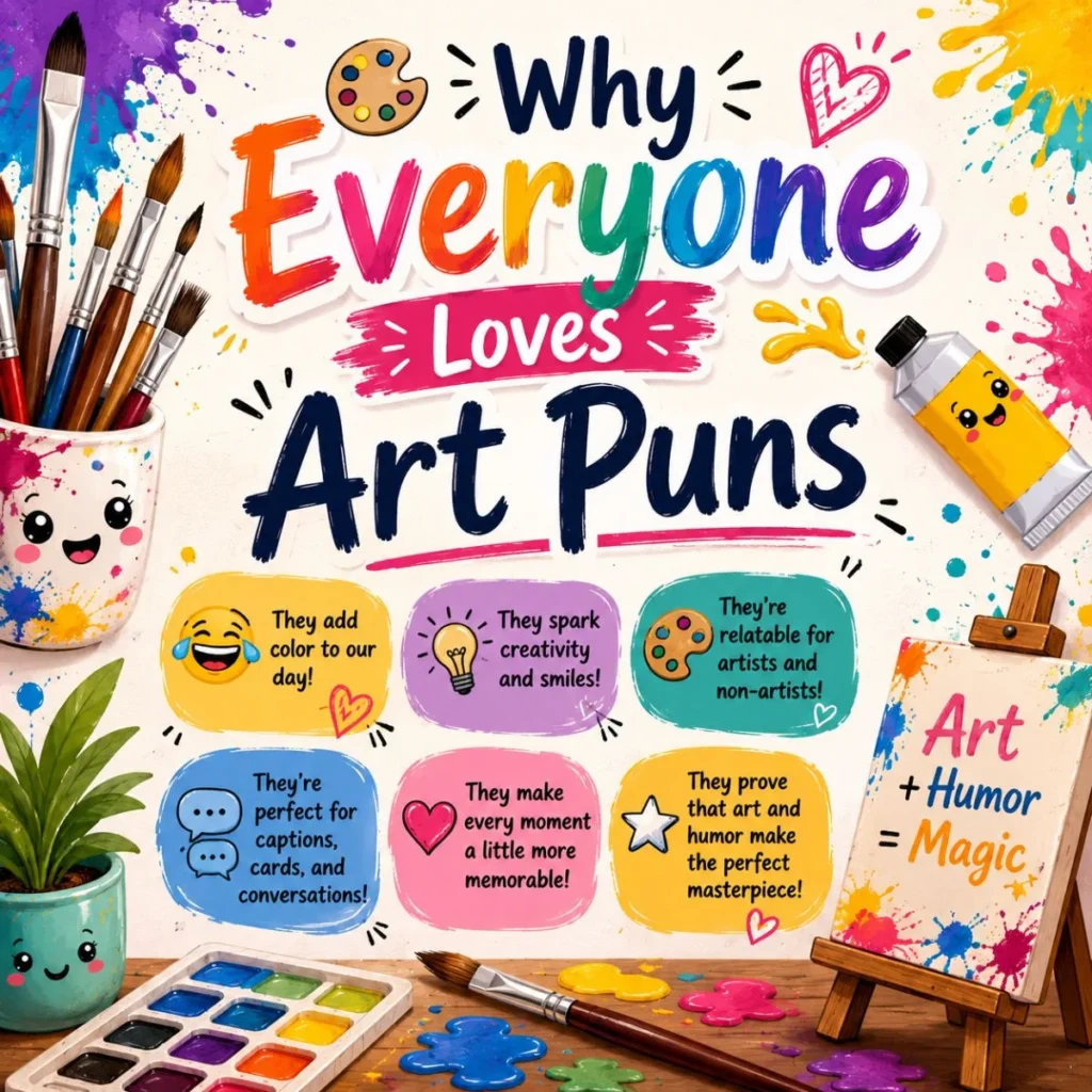 Colorful infographic explaining why everyone loves art puns with paintbrushes, palette, and creative art illustrations