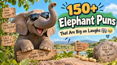 Funny elephant wearing sunglasses beside 150+ elephant puns text in a colorful safari scene