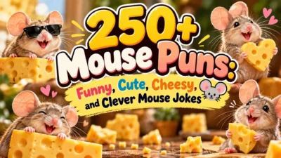 250+ mouse puns featuring cute cartoon mice holding cheese with funny and cheesy mouse jokes.