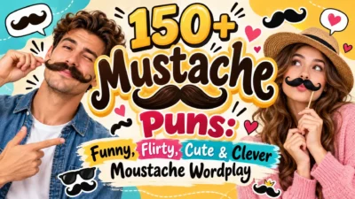 Mustache puns featuring a funny man and woman with fake mustaches and colorful 150+ mustache jokes banner