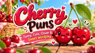 Cherry puns banner with cute cherries and funny, cute, clever, and sweet wordplay