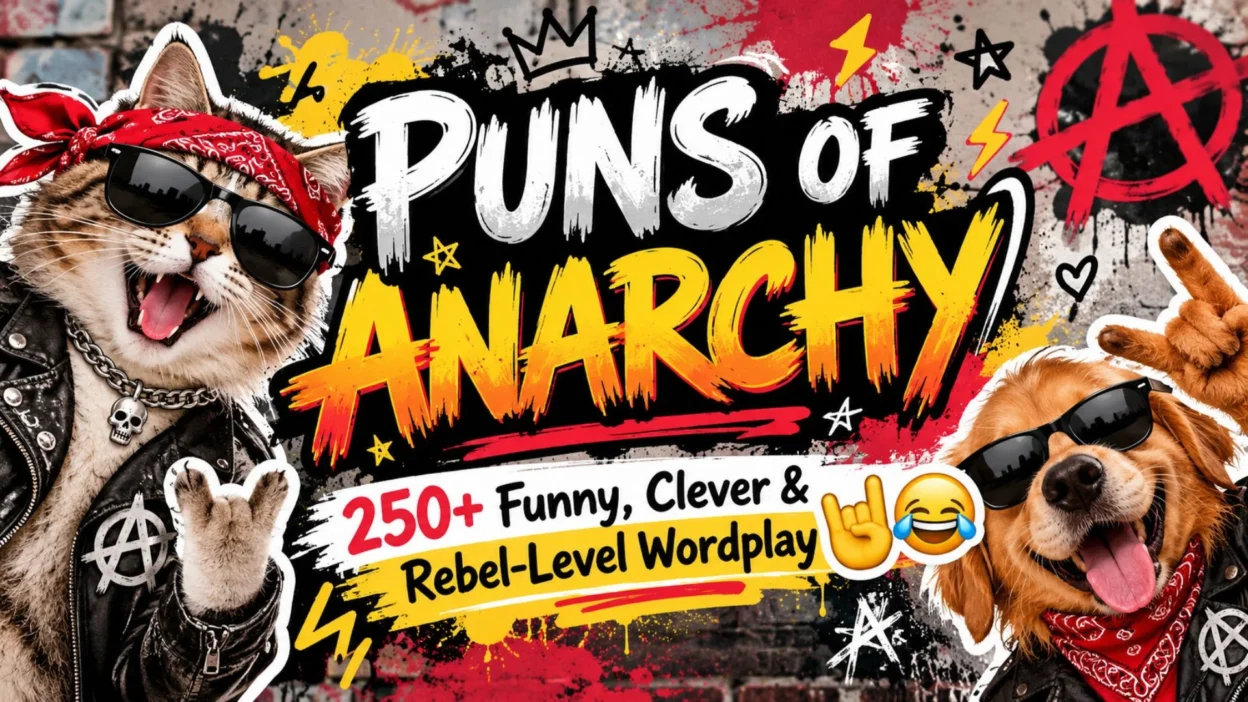 Puns of Anarchy graphic with punk-style cat and dog and funny rebel-level wordplay